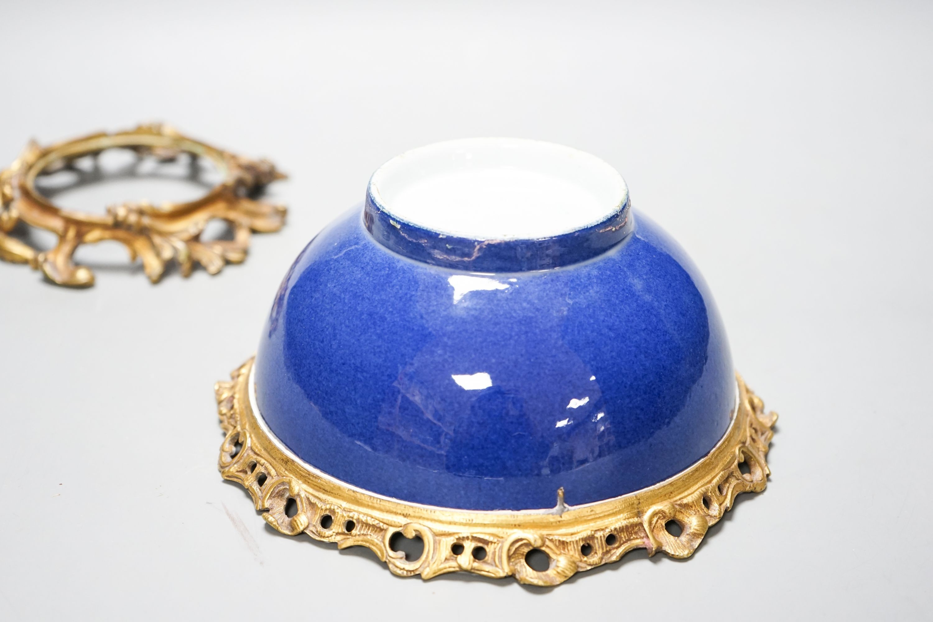 An 18th century Chinese clobbered blue and white bowl, a Samson powder blue ormolu mounted bowl, 19.5cm wide and a 19th century Chinese doucai style jar